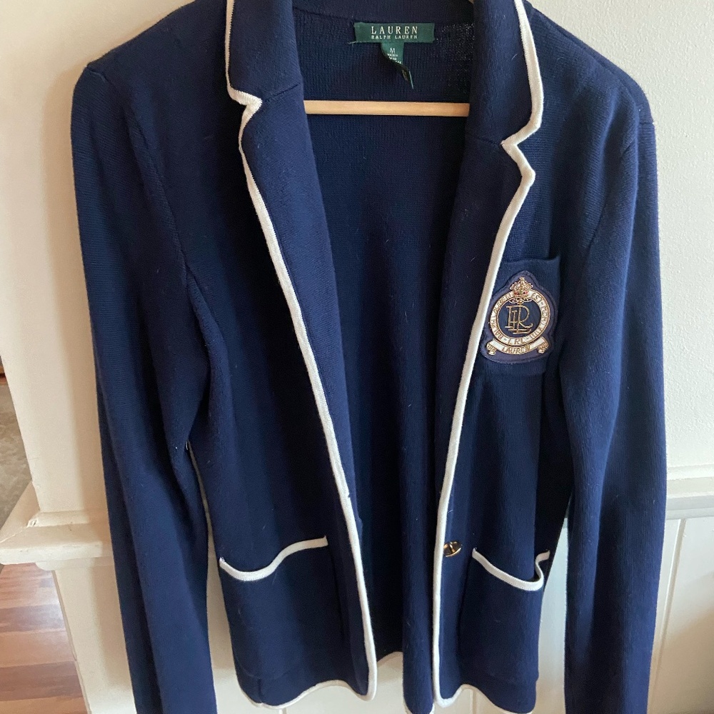 Lauren Ralph Lauren Navy Crest Knit Blazer White Trim Size M